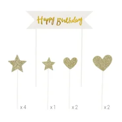 Cake Topper Happy Birthday Cœurs et Étoiles Dorés (x10) Patisdécor