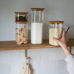 Lot de 3 Boîtes de Conservation en Verre Carrée Couvercle Bambou Pebbly